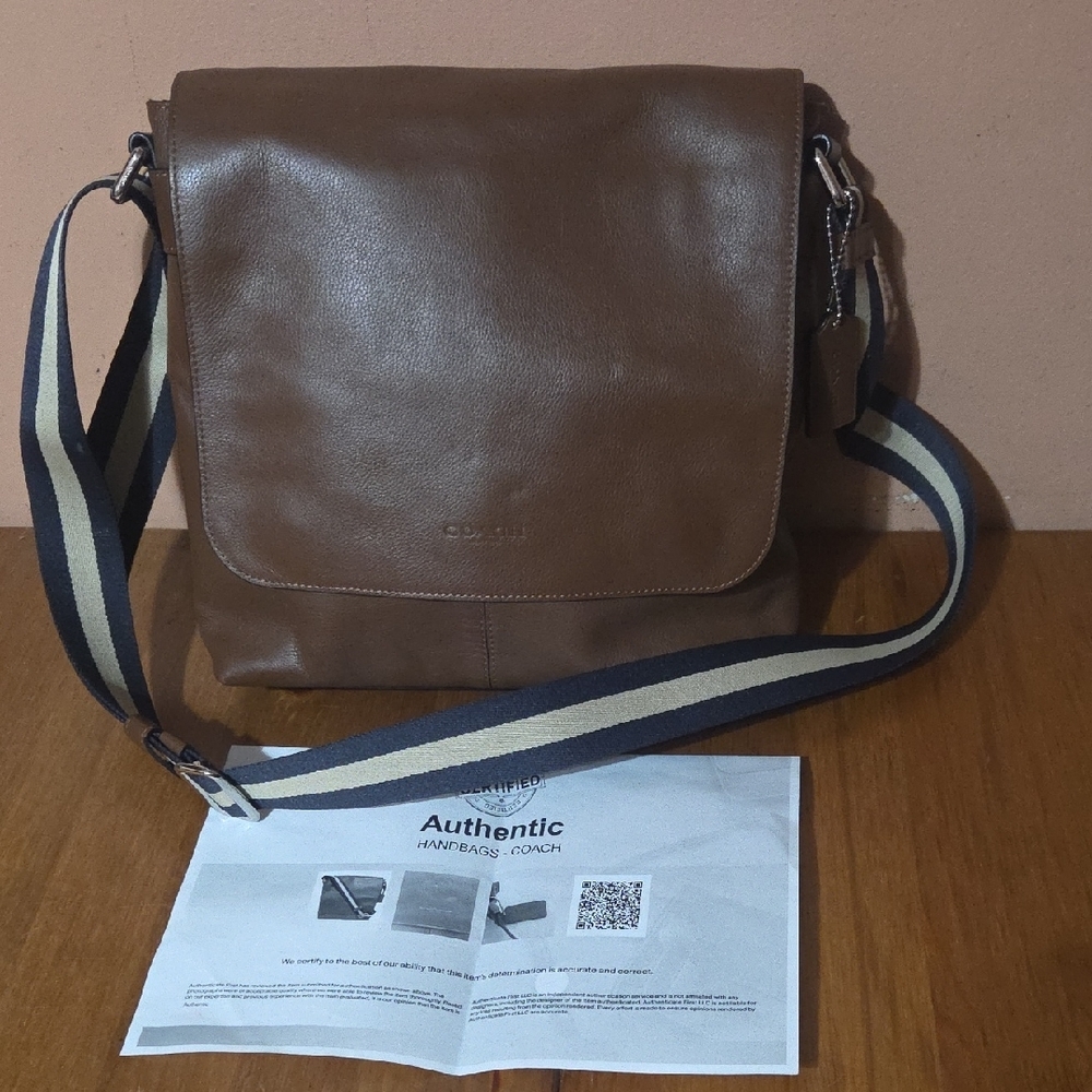 Coach Tan Leather Messenger Bag with Striped Strap